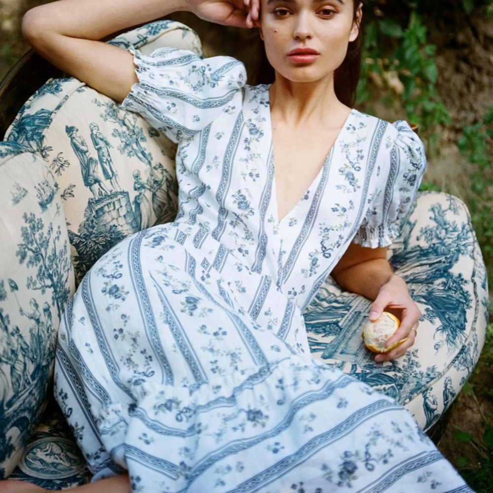 Reformation white blue Veronika printed dress NEW